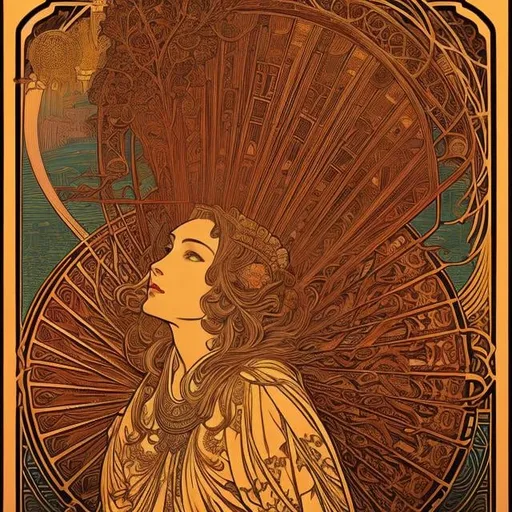 Prompt: Jean Giraud, Alphonse Mucha, woodblock print style, surreal, mysterious, strange, fantastical, fantasy, sci-fi fantasy, the internet is the brain of the world, vibrant colors, masterpiece, sharp focus, best quality, depth of field, cinematic lighting, derailed high resolution definition quality masterpiece