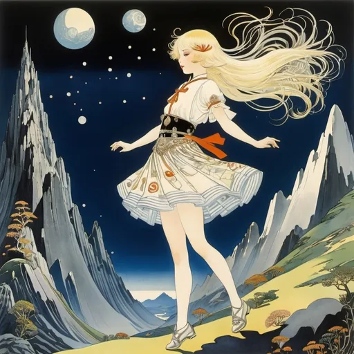 Prompt: Kay Nielsen, Francis Picabia, Cocoa Fujiwara, Teodor Rotrekl, Yuko Higuchi, Surrealism, wonder, strange, bizarre, fantasy, Sci-fi, Japanese anime, the true place of astrology in the history of science, miniskirt blonde beauty girl Alice sinking into Mt. Sumeru, perfect voluminous body, detailed masterpiece 