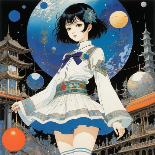 Prompt: Harry Clarke, Chie Fueki, Yuko Higuchi, John D. Batten full colours, Agnés Ernoult, Surrealism Mysterious Bizarre Fantastic Fantasy Sci-Fi, Japanese Anime, Elemental Specimen Box, Assembling a Planet, Miniskirt Beautiful High School Girl, perfect voluminous body, detailed masterpiece 