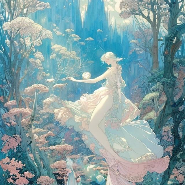 Prompt: John Anster Fitzgerald, George Barbier, Charles Robinson Anime　surreal　absurderes　wondrous　strange　Whimsical　Sci-Fi Fantasy　Girly perfect body, flaunting, scanty clothes　Reflecting all the forests of the universe、The Secret of Containment　Grasp the greatest universe within the smallest universe　Microcosmos