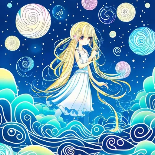 Prompt: Spiral moon, jelly fishes floating, blonde girl taking a walk, Japanese anime, manga lines, hand drawn illustration style, colour 