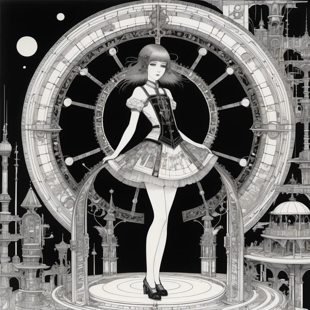 Prompt: Harry Clarke, Boleslas Biegas, Surreal, mysterious, strange, fantastical, fantasy, Sci-fi, Japanese anime, architecture, machinery, drawing, blueprint, perspective, perspective, cross-section, beautiful girl in miniskirt drawn on paper, perfect voluminous body, detailed masterpiece 