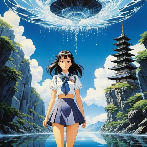 Prompt: Hidefumi Kimura, Robert Peak, Yoh Yoshinari, Walter Crane, Takeo Takei, Surrealism Mysterious Weird Fantastic Fantasy Sci-Fi, Japanese Anime, Water Lupine, Water Structure and Science, a Beautiful miniskirt high school girl, perfect voluminous body, detailed masterpiece reflection  