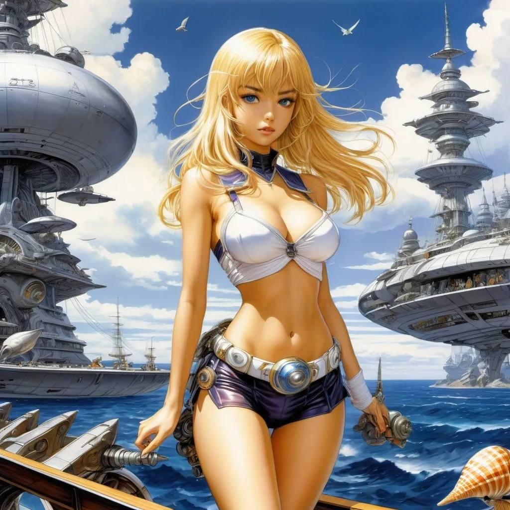 Prompt: Harald Wiberg, Masamune Shirow, Multicolored hand-drawn surreal, mysterious, bizarre, fantastic, fantasy, Sci-fi, Japanese anime, seashells on the shores of the galaxy, a sailing spaceship, beautiful blonde miniskirt girl Alice, perfect voluminous body, wide-angle bird's-eye view, detailed masterpiece 