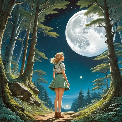 Prompt: Richard Oelze, Elsa Maartman Beskow, Surreal, mysterious, strange, fantastical, fantasy, Sci-fi, Japanese anime, miniskirt beautiful girl mineralogist peeking into the forest, perfect voluminous body, crescent moon and spaceship, phase of the moon, trees that look like mechanical architecture, detailed masterpiece perspectives angles