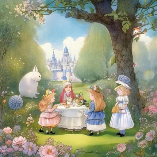 Prompt: Kate Greenaway, Tove Jansson, Heikala, Alice in wonderland, mad Tea party, detailed, high resolution, high definition, high quality, masterpiece 
