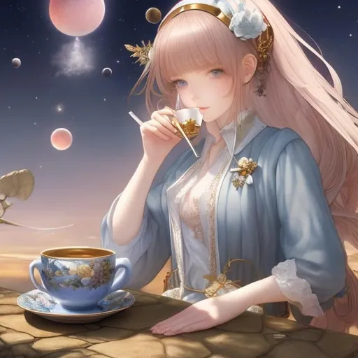 Prompt: Grace Pailthorpe, Beatrix Potter, Surreal, mysterious, strange, fantastical, fantasy, Sci-fi fantasy, anime, Venus sinking to the bottom of a cup, beautiful perfect body girl drinking, cafe terrace, detailed masterpiece 