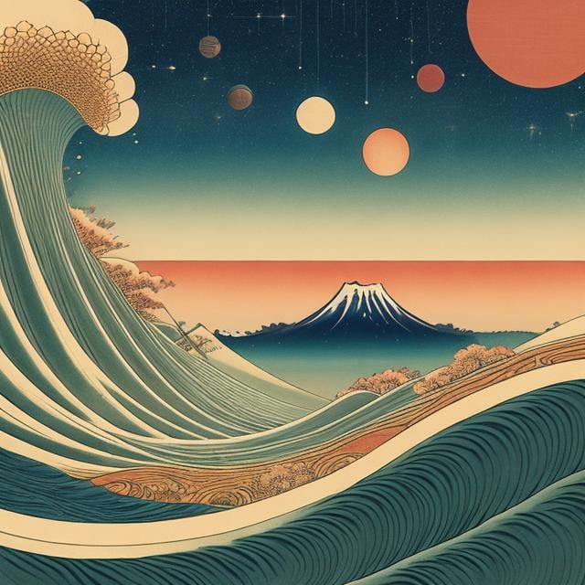 Prompt: Ukiyo-e style surreal mysterious strange bizarre fantasy sci-fi fantasy solar system sinking into a coffee cup