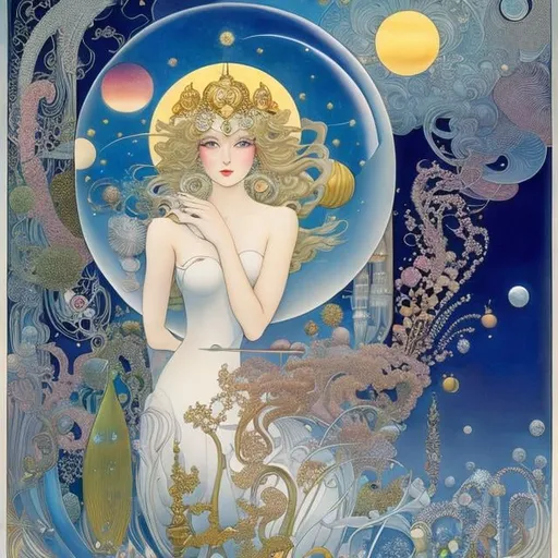 Prompt: Kay Nielsen, Michael Parkes, Gerda Wegener Japanese Anime Sci-Fi Fantasy　Solar system inside a glass jar　Girl with the glass bottle Hyperdetailed high definition high resolution high quality masterpiece Hand drawn illustration 