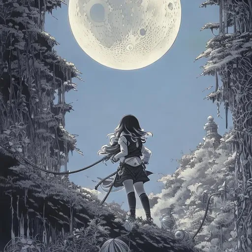 Prompt: Frank  Papers, Maurice Sendak, Japanese anime surreal mysterious strange sci-fi fantasy fantasy climbing the full moon crescent moon girl walk, manga lines, hyperdetailed high resolution high definition high quality masterpiece 