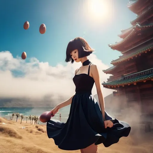 Prompt: Heikala, Michael Vincent Manalo, Mysterious Weird Surreal Fantastic Fantasy Sci-Fi, Japanese Anime, Amphitheater Egg,  Symphony Orchestra, Miniskirt Beautiful Girl, perfect voluminous body, detailed masterpiece 