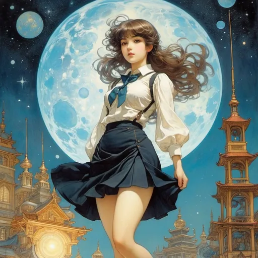 Prompt: Charles Robinson, Henry Justice Ford, James Matthew Barrie, Surreal, mysterious, strange, fantastical, fantasy, Sci-fi, Japanese anime, material imagination, the right to dream, the changes and trends of science, can ink create a universe?, Beautiful high school girl in a miniskirt, perfect voluminous body, detailed masterpiece 