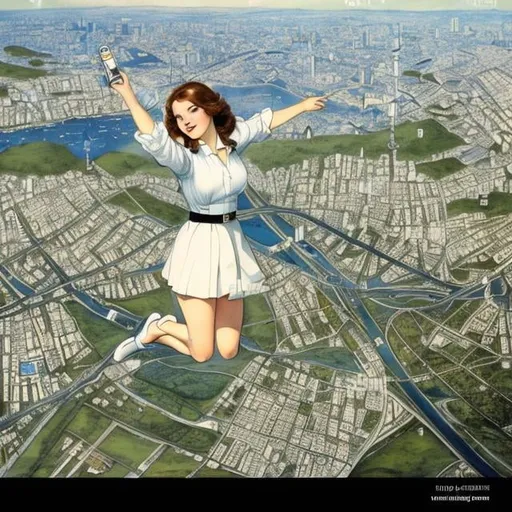 Prompt: Kate Greenaway, Margaret Tarrant, Anne Anderson, Sci-fi Fantasy,  Free-Falling Miniskirt Schoolgirl　Overhead view　open arms and legs, Over Tokyo city, detailed resolution definition high quality masterpiece 