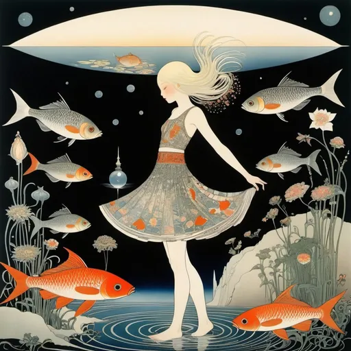Prompt: Kay Nielsen, Victor Olson, Surreal, mysterious, bizarre, fantastical, fantasy, Sci-fi, Japanese anime, natural history encyclopedia, celestial phenomena, geography, people, clothes, animals, fish, insects, flowers, prints, miniskirt beautiful girl printing, detailed masterpiece 