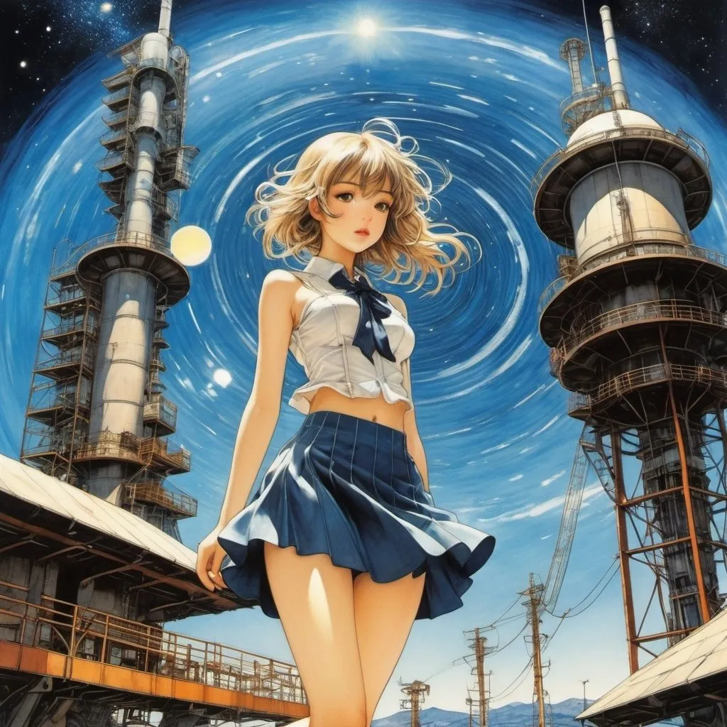 Prompt: Naoyuki Kato, Arthur Rackham, August Endell full colours, Filippo Romoli, Yuu Watase, Surrealism Mysterious Weird Fantastic Fantasy Sci-Fi, Japanese Anime, Milky Way Galaxy Power Plant, Miniskirt Beautiful Girl at the Solar Wind Intersection, perfect voluminous body, detailed masterpiece low high angles perspectives 