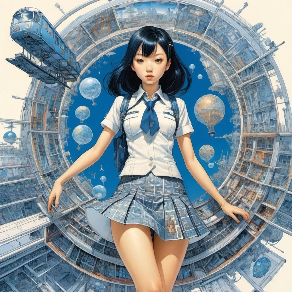 Prompt: Sveta Dorosheva, Takeo Takei, James Jean, Keiko Takemiya, Anne Anderson, Surrealism, wonder, strange, bizarre, fantasy, Sci-fi, Japanese anime, optical devices and transportation, diorama city, miniskirt beautiful high school girl interpreting illustrated materials, perfect voluminous, blueprints and cross-sections, detailed masterpiece 