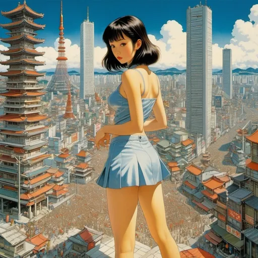 Prompt: Katsuhiro Otomo, Eugene Savage, Louis-François Cassas, Květa Pacovská, Richard Dadd, Surrealism, wonder, strange, fantastical, fantasy, Sci-fi, Japanese anime, miniskirt beautiful girl assembling a Tokyo city model, perfect voluminous body, detailed masterpiece 