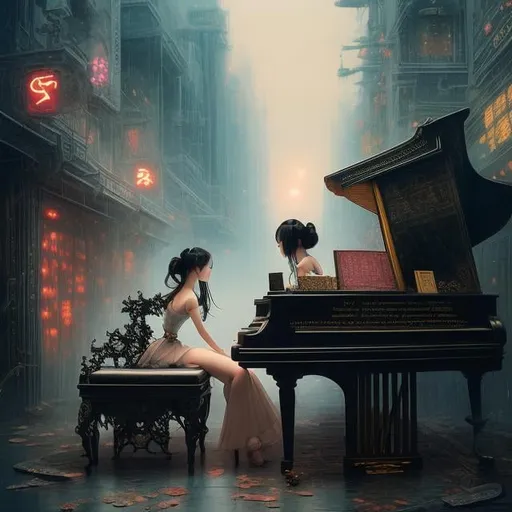 Prompt: James Jean, Tim Bradstreet, Surreal, mysterious, strange, fantastical, fantasy, Sci-fi, detailed anime, mechanical theater, beautiful girl in a miniskirt dress playing the grand piano, perfect body, dancing notes, dynamism, falling moonlight, detailed masterpiece 