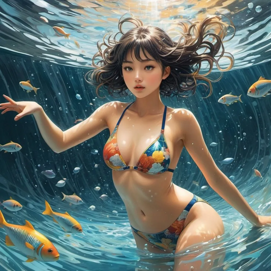 Prompt: Edmond Francois Calvo full colours, Pierre Joubert, Surreal, mysterious, strange, fantastical, fantasy, Sci-fi, Japanese anime, swimming in a torrent of words, beautiful girl in a school swimsuit, perfect voluminous body, science experiment, detailed masterpiece 