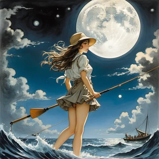 Prompt: Franz Cižek, Albertine Zullo, Serge Brignoni, Arthur Rackham, Fritz Wegner, Surrealism, strange, bizarre, fantastical, fantasy, Sci-fi, Japanese anime, pole-and-line fishing for moon tuna, setting sail on the ocean of the solar system, miniskirt beautiful high school girl fisherman, perfect voluminous body, detailed masterpiece 