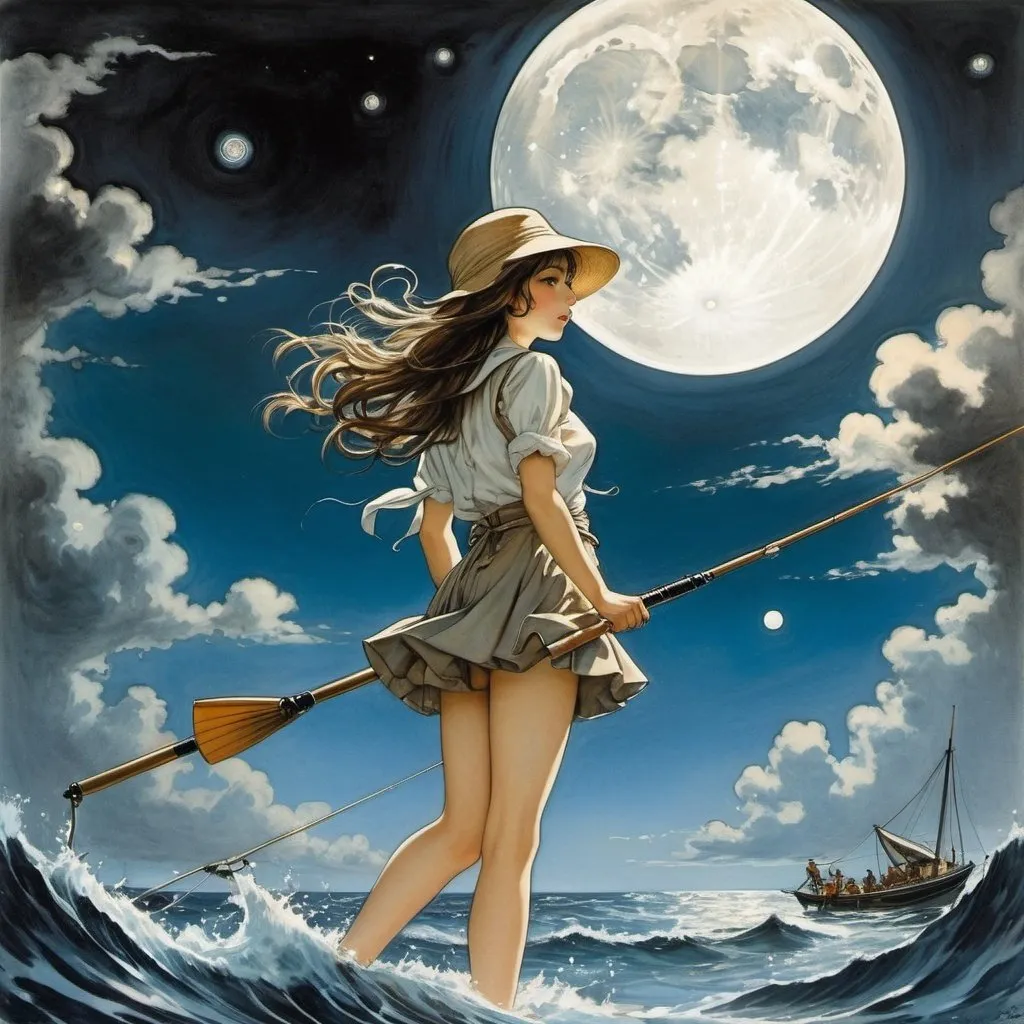 Prompt: Franz Cižek, Albertine Zullo, Serge Brignoni, Arthur Rackham, Fritz Wegner, Surrealism, strange, bizarre, fantastical, fantasy, Sci-fi, Japanese anime, pole-and-line fishing for moon tuna, setting sail on the ocean of the solar system, miniskirt beautiful high school girl fisherman, perfect voluminous body, detailed masterpiece 