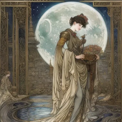 Prompt: Walter Crane, Arthur Rackham, Shinya Komatsu, Surreal, mysterious, strange, fantastical, fantasy, Sci-fi, Japanese anime, three phases of the moon, a city where many layers of time are layered, a festival night, a beautiful girl in a miniskirt, detailed masterpiece 