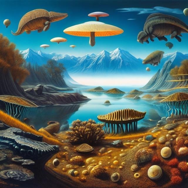 Prompt: Frank Paul, Surreal, mysterious, strange, fantastic, fantasy, Sci-fi fantasy, Pulp, expanding visual world, visualizing rhythm of music, dinosaurs, ammonites, extinct fish, mammals, arthropods, etc.