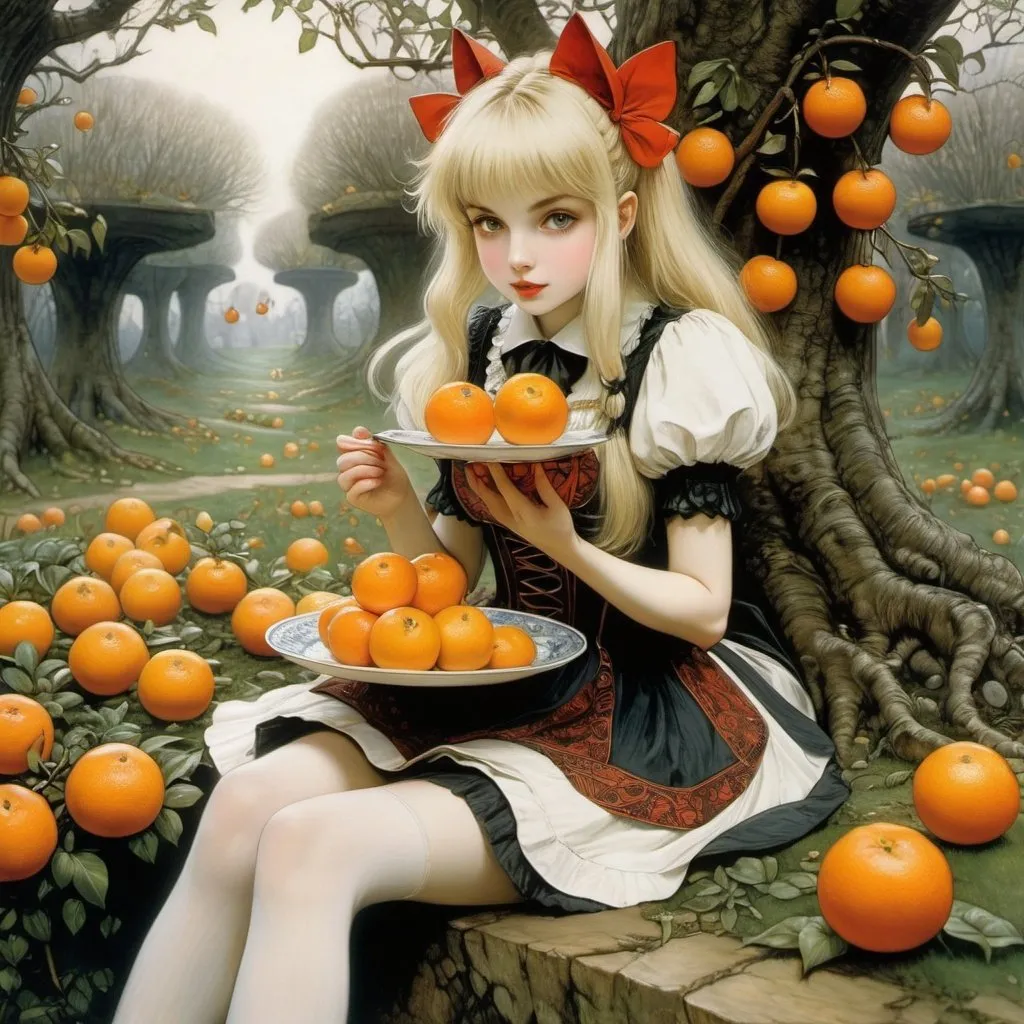 Prompt: Arthur Rackham, Wilhelm Freddie, Surreal, mysterious, bizarre, fantastical, fantasy, Sci-fi, Japanese anime, three-dimensional indoor orchard, beautiful blonde miniskirt girl Alice eating tangerines with deliciousness, perfect voluminous body, Queen of Hearts, Chusha cat, tea party, detailed masterpiece 