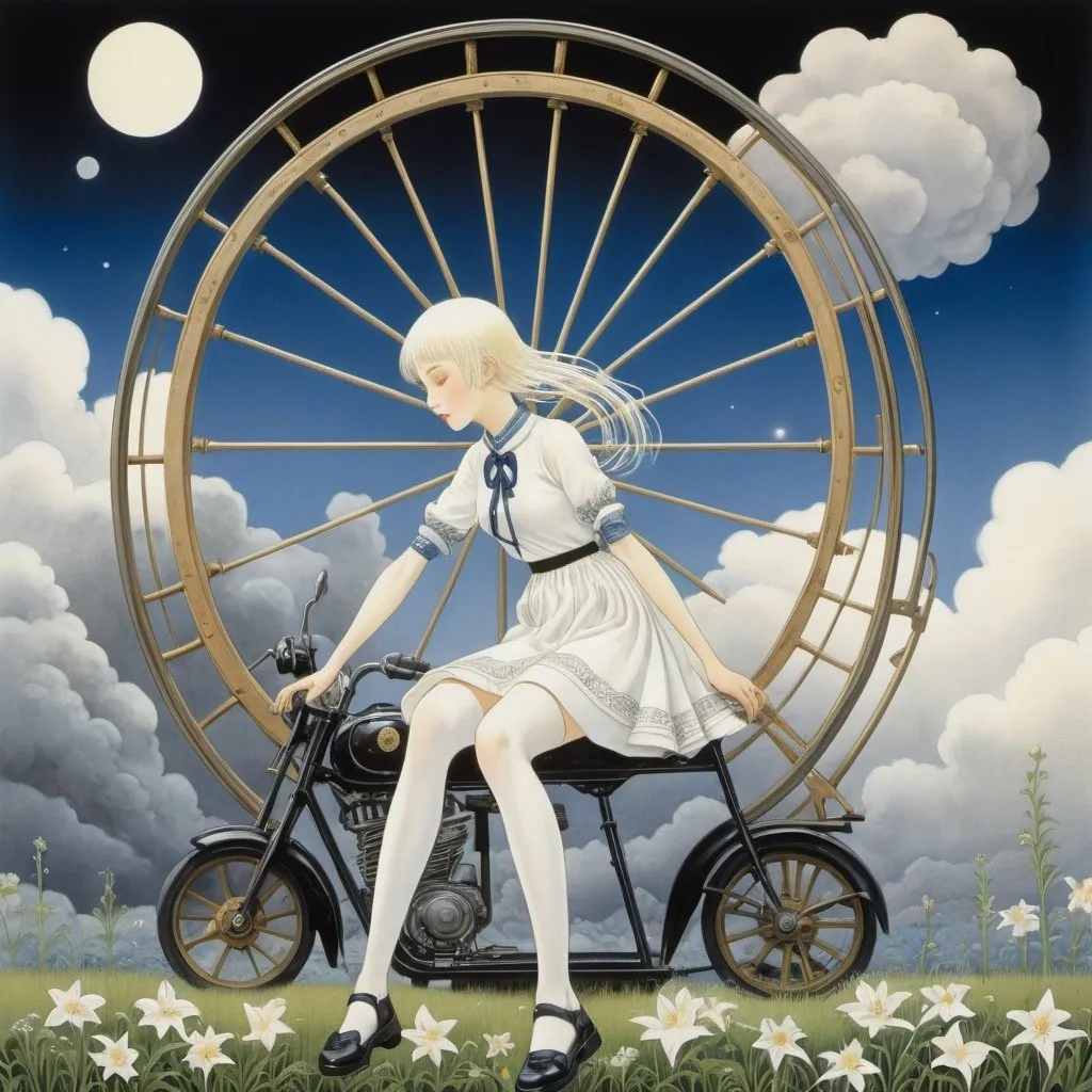 Prompt: Kay Nielsen, Edith Martineau, Lubo Kristek, Moto Hagio, David B. Mattingly, Surrealism, wonder, strange, bizarre, fantasy, Sci-fi, Japanese anime, spinning wheel that winds up the clouds, meadow of night lilies, sky train, miniskirt beautiful high school girl waiting at the station, perfect voluminous body, detailed masterpiece 