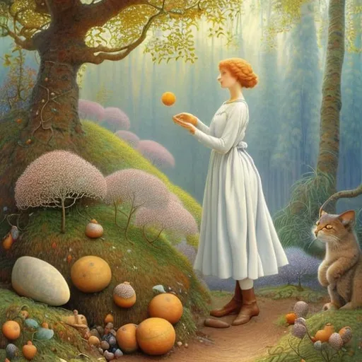 Prompt: Elsa Beskow, Jim Warren, Surreal, mysterious, strange, fantastical, fantasy, Sci-fi, Japanese anime, beautiful girl in miniskirt picking acorns, perfect voluminous body, wildcat, transparent forest, world in pictures, detailed masterpiece 