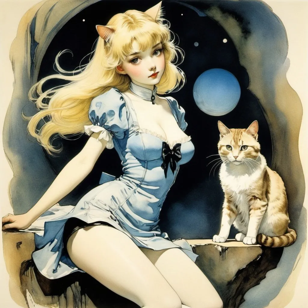 Prompt: Félicien Rops, Arthur Rackham, Herr Seele, Koji Aihara, Rinze Hamstra, Surrealism Mysterious Bizarre Fantastic Fantasy Sci-Fi, Japanese Anime,  Cat Talking of the Twilight, Behind the World, Blonde Miniskirt Beautiful Girl Alice, perfect voluminous body, detailed masterpiece 