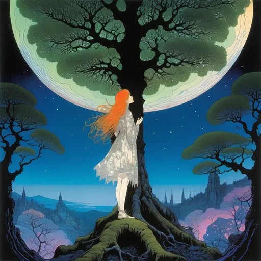 Prompt: Harry Clarke, Michael Whelan, Surreal, mysterious, bizarre, fantastical, fantasy, Sci-fi, Japanese anime, trees as cosmic organs, negative drawings of the forest, internalization of plant intelligence, anaphora of all things, beautiful girl in a miniskirt looking at the universe from the top of a tree, perfect voluminous body, detailed masterpiece 