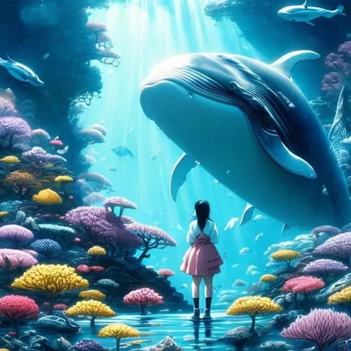 Prompt: Hiroshi Katsuragawa, Richard Doyle,  Surreal, mysterious, strange, fantastical, fantasy, Sci-fi, Japanese anime, whales in the city, light falling from space, beautiful girl in a miniskirt talking to a whale, perfect voluminous body, detailed masterpiece 