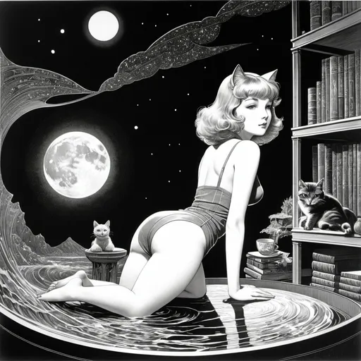 Prompt: Virgil Finlay, Eileen Aldridge, Katharine Cameron, Frederick Cayley Robinson, Yoshitaka Amano, Surrealism, wonder, strange, bizarre, fantasy, Sci-fi, Japanese  anime, tea with the cat in the middle of the night, mica library, moonlight cut into a specimen box, sailing ship in the attic, blonde miniskirt beautiful girl Alice, perfect voluminous body, detailed masterpiece 
