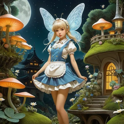 Prompt: Vladyslav Yerko, Mabel Attwell, Oksana Bula, Surrealism, mysterious, bizarre, fantastical, fantasy, Sci-fi, Japanese anime, beautiful miniskirt girl pixie in a maid costume, perfect voluminous body, and a pilgrimage to the land of night, Giant in a miniature garden, detailed masterpiece perspectives angles