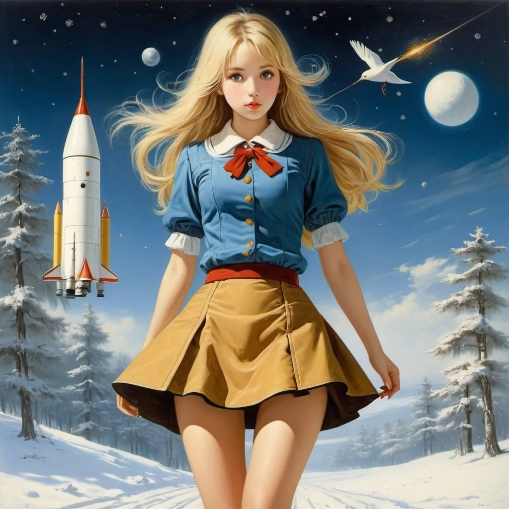 Prompt: Frank R. Paul, Jan Josefsz van Goyen, Surreal, mysterious, strange, fantastical, fantasy, Sci-fi, Japanese anime, Winter Rocket, physics official specimen box, blonde miniskirt beautiful girl Alice, perfect voluminous body, detailed masterpiece bird’s eye views