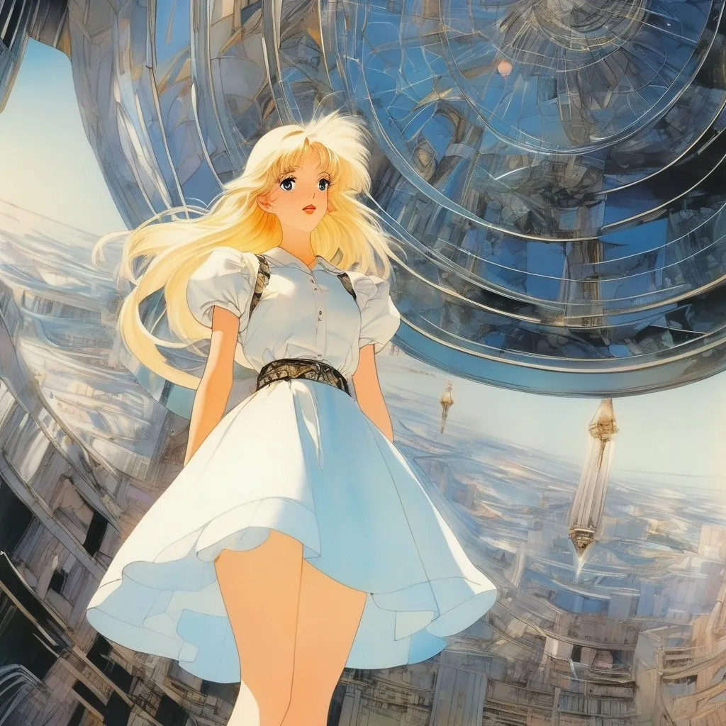 Prompt: Adolphe Willette, Naoko Takeuchi, Surreal, mysterious, strange, fantastical, fantasy, sci-fi, Japanese anime, giant lenses, reflectors, and optical paths, beautiful blonde miniskirt girl Alice who gets lost, perfect voluminous body, detailed masterpiece sharp focus 