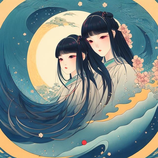 Prompt: Andrea Beaty Ukiyo-e style, surreal, mysterious, strange, bizarre, fantasy, Sci-fi fantasy, anime, internet surfing, beautiful girl, cyber world, the ocean of the internet is infinite, crescent moon, space stationDetailed masterpiece 