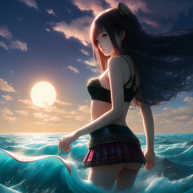 Prompt: Samuli Heimonen, Izumi Aso, Surreal, mysterious, strange, fantastical, fantasy, Sci-fi, Japanese anime, lyrical miniskirt beautiful girl, perfect body, Yuudou Maki sinking into the sunless sea, detailed masterpiece 