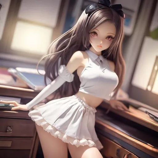 Prompt: Maurice Sendak, Silvia Pelissero, surreal, mysterious, strange, fantastical, fantasy, Sci-fi, Japanese anime, zoo on the desk, classroom, miniskirt beautiful high school girl, perfect voluminous body, detailed masterpiece cinematic lighting 