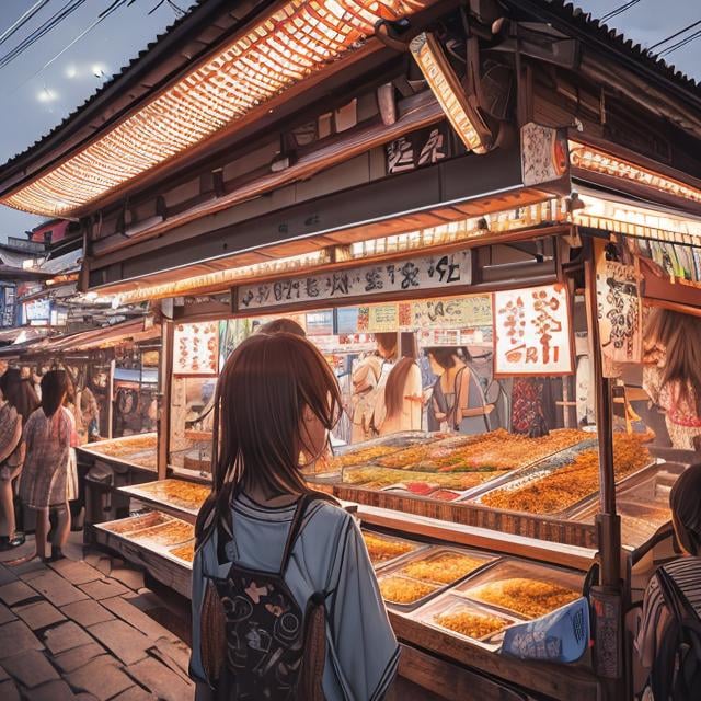 Prompt: , best quality, ultra-detailed, illustration, omatsuri, food stand, 1girl, beautiful eyes, looking at viewer from behind, cowboy shot, looking back, yukata, tree, outdoors,road, walking, crowd, night, lantern, festival, food, pavement, crosswalk, paper lantern, lamppost, brown hair, night sky,