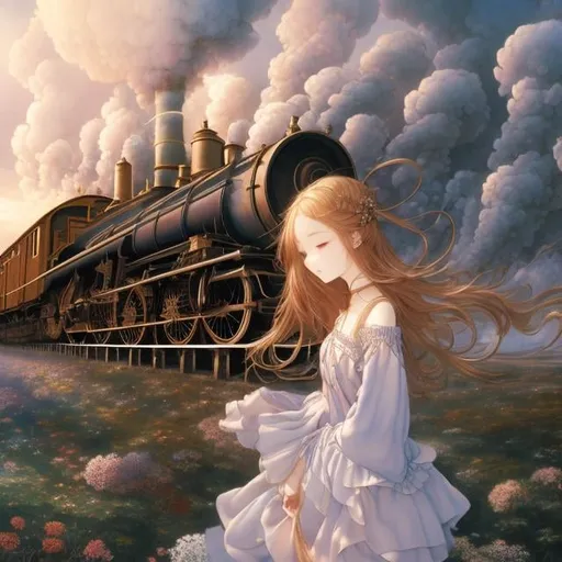 Prompt: Milo Manara, Charles Altamont Doyle, Surreal, mysterious, strange, fantastic, fantasy, Sci-fi, Japanese anime, ripples, spirals, and Fibonacci, a miniskirt beautiful high school girl competing with a steam locomotive, hyper detailed high resolution definition quality, depth of field cinematic lighting 