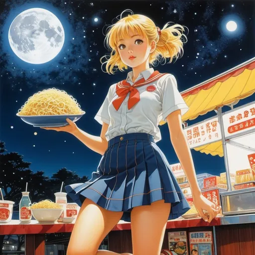 Prompt: Katsuhiro Otomo, Anne Anderson, Surreal, mysterious, bizarre, fantastical, fantasy, Sci-fi, Japanese anime, beautiful high school girl in a miniskirt who loves ramen, perfect voluminous body, food stall, transparent starry sky and full moon, detailed masterpiece 