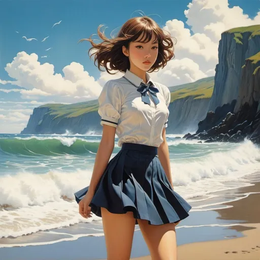 Prompt: Jason Brooks, Mariajo Ilustrajo, Severus Lian, Owen Davey, Koloman moser, Surrealism, wonder, strange, bizarre, fantasy, Sci-fi, Japanese anime, summer music box, natural sea at high tide, beautiful high school girl in miniskirt, perfect voluminous body, detailed masterpiece 