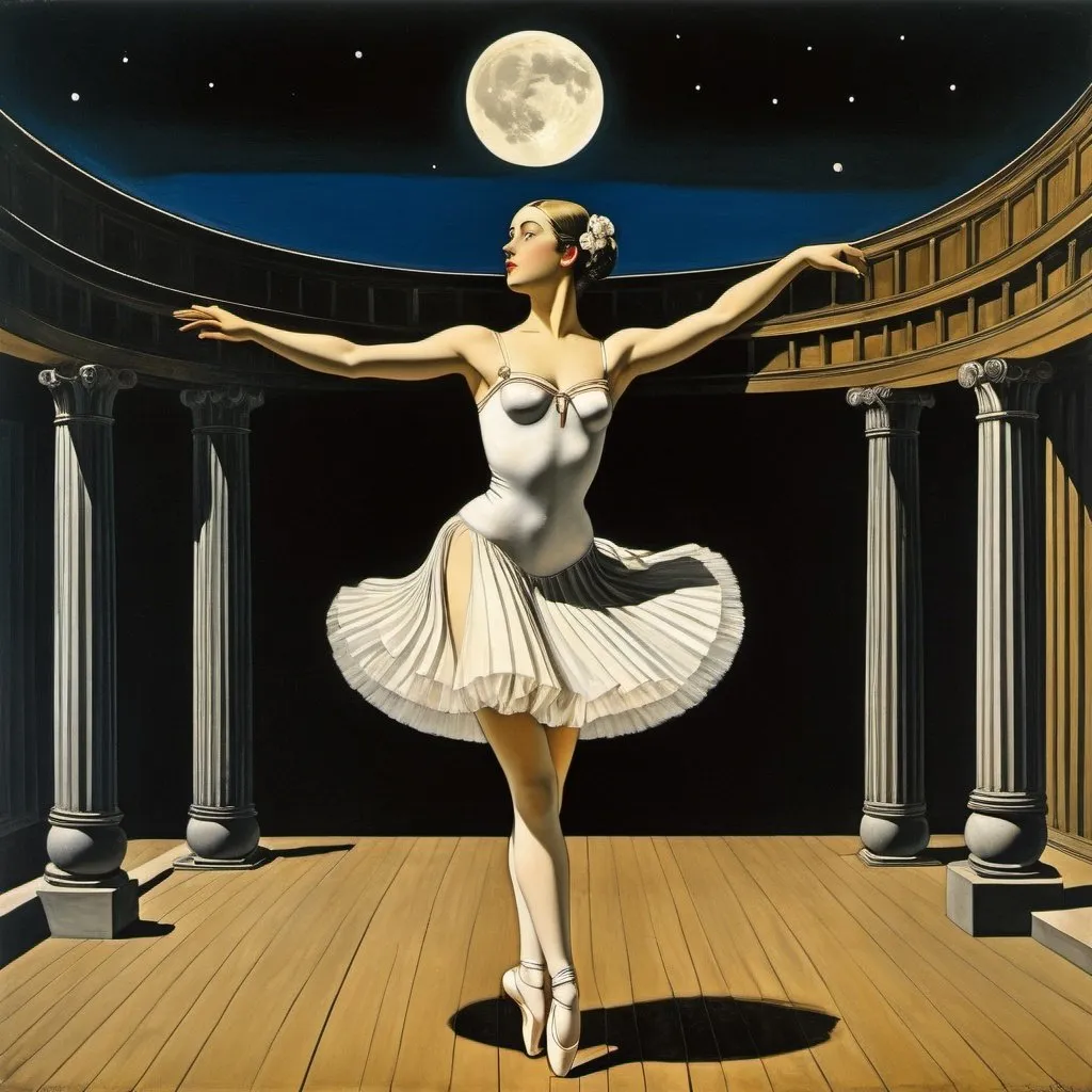 Prompt: Giorgio de Chirico, Paul Delvaux, Leon Bakst, Surreal, mysterious, strange, fantastical, fantasy, Sci-fi, Japanese anime, Karakuri dance, miniskirt beautiful ballerina, perfect voluminous body, moonlight in the theater, detailed masterpiece 