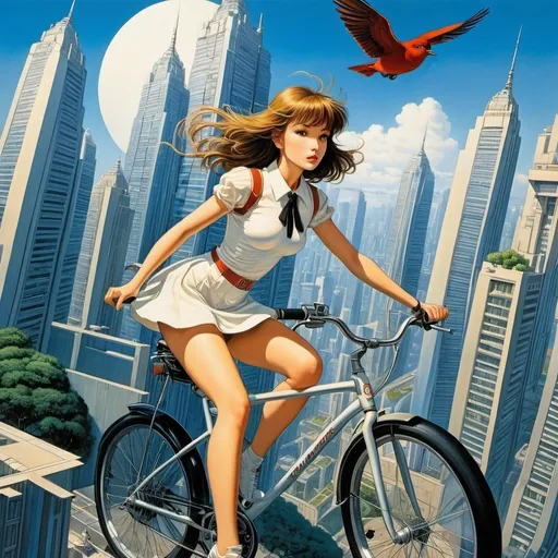 Prompt: David Mattingly, François-Louis Schmied, Surreal, mysterious, strange, fantastical, fantasy, Sci-fi, Japanese anime, growing city, higher up, beautiful girl in a miniskirt riding a floating bike, perfect voluminous body, between skyscrapers, bird’s eye views detailed masterpiece 