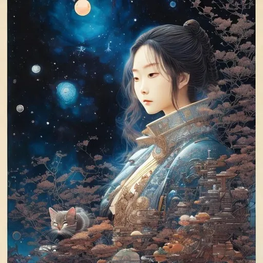 Prompt: Katsuhiro Otomo, Yoshitaka Amano, HARLAND VINEY, Surreal, mysterious, strange, fantastical, fantasy, sci-fi, Japanese anime, but the stars are flowing, the person who saw the constellation Cetacea, the hinges of the world groan, beautiful girl and cat, perfect voluminous body, detailed masterpiece 