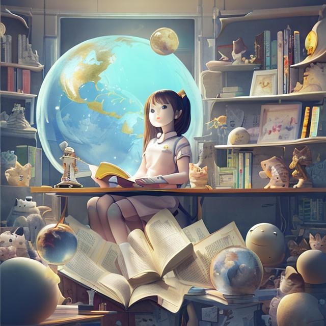 Prompt: Anne Anderson, Barbara Cooney, Japanese Anime Sci-fi Fantasy A girl sitting at a desk and reading a book Study room Floating books, cat, teapot, globe, stuffed bear, spaceship Three-dimensional composition
