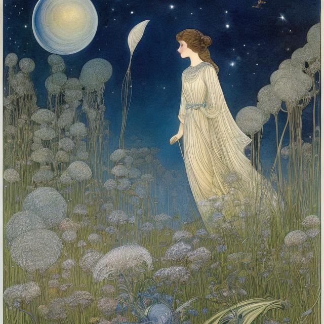 Prompt: Ida Rentoul Outhwaite, Surreal, Errol Le Cain, Heinrich Lefler, mysterious, strange, fantastical, fantasy, Sci-fi, Japanese anime, fairy contract, beautiful girl, space suit, trumpet, detailed masterpiece 