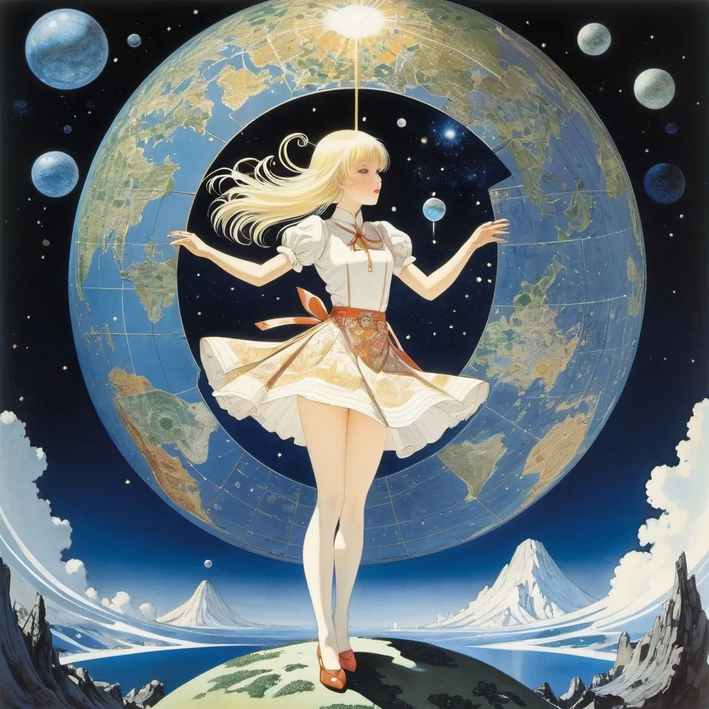 Prompt: Kay Nielsen, Stanislao Lepri, Katsuhiro Otomo, Jacek Frąś, Takeo Takei, Surrealism, wonder, strange, bizarre, fantasy, Sci-fi, Japanese anime, magnetic pole reversal, summer celestial globe, planisphere, astronomical observation and blonde miniskirt beautiful girl Alice, perfect voluminous body, detailed masterpiece 